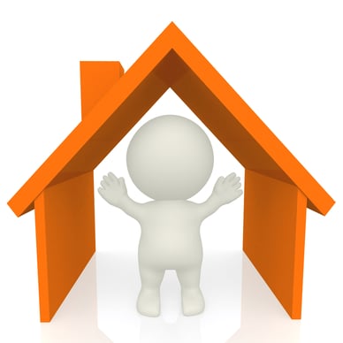 3D man inside an orange house isolated over a white background-1